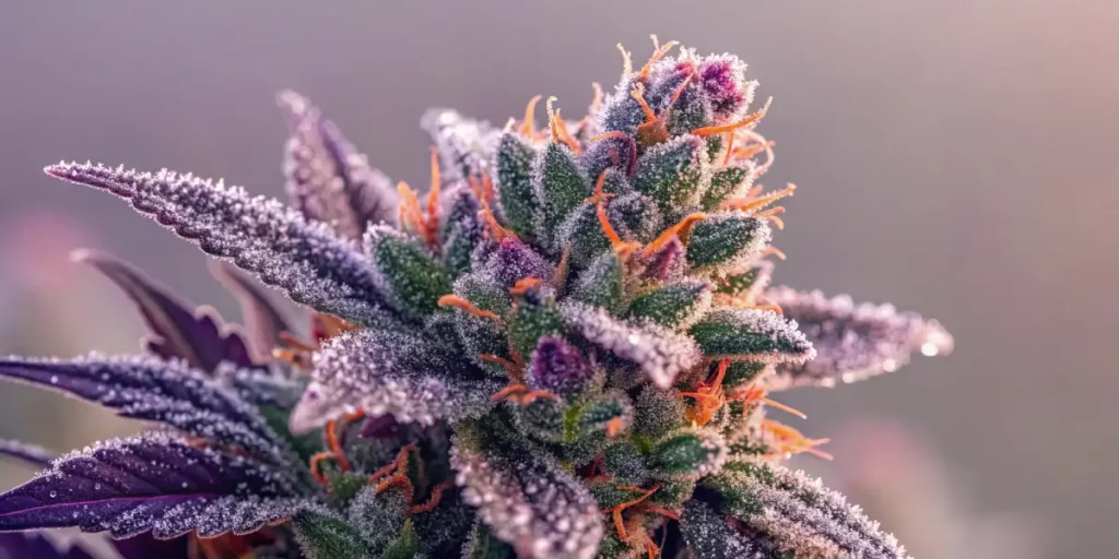 Purple cannabis flower with orange pistils and frosty trichomes in soft natural light.