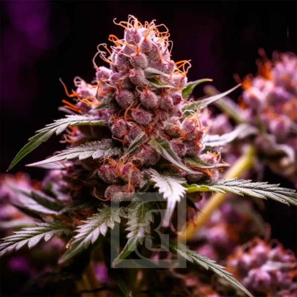 Illustration of RS11 x Candy Rain cannabis strain with vibrant green leaves and purple accents, showcasing its Indica dominance and sweet, fruity aroma.