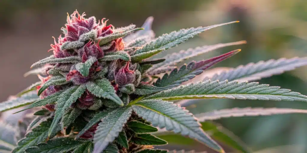 Close-up view of a Strawberry Pie Auto Strain bud with vivid colors and glistening resin.