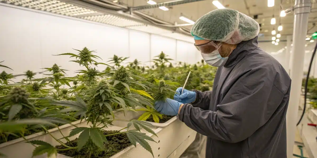 Experienced grower inspecting Strawberry Pie Auto Strain plants in a well-maintained greenhouse.