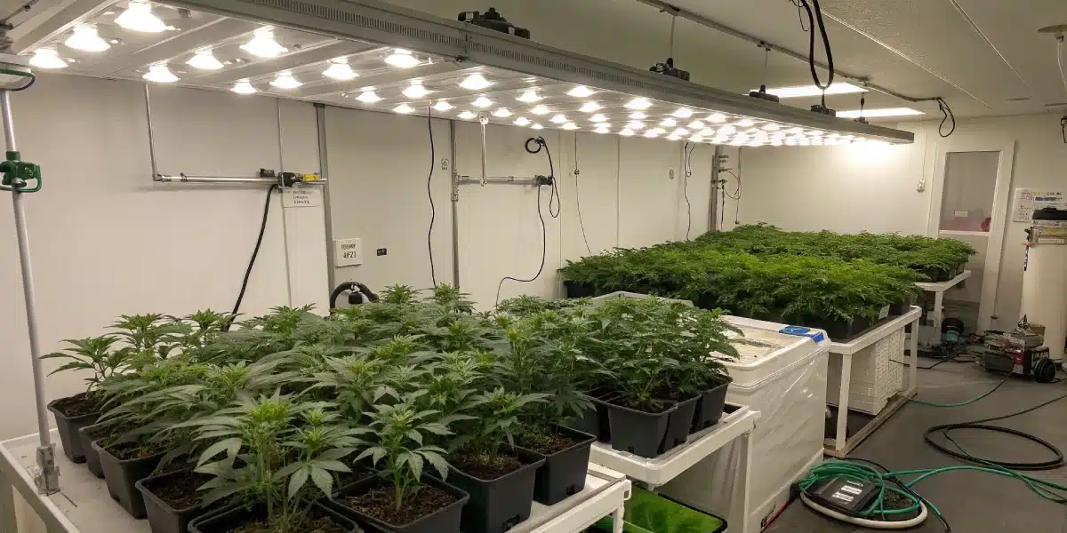 Indoor cultivation setup with Strawberry Pie Auto Strain plants thriving under bright LED lights.