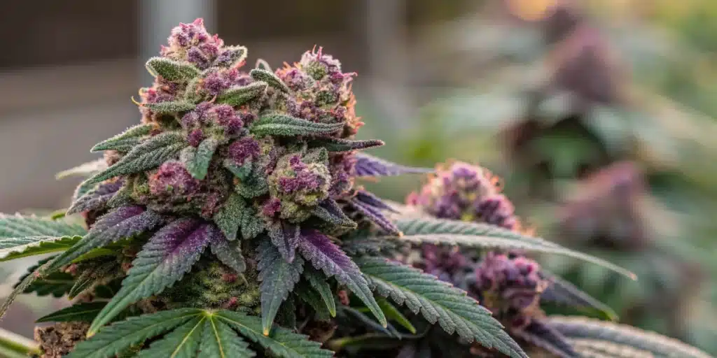 Close-up of dense, resinous Super Skunk Auto buds with vibrant hues.