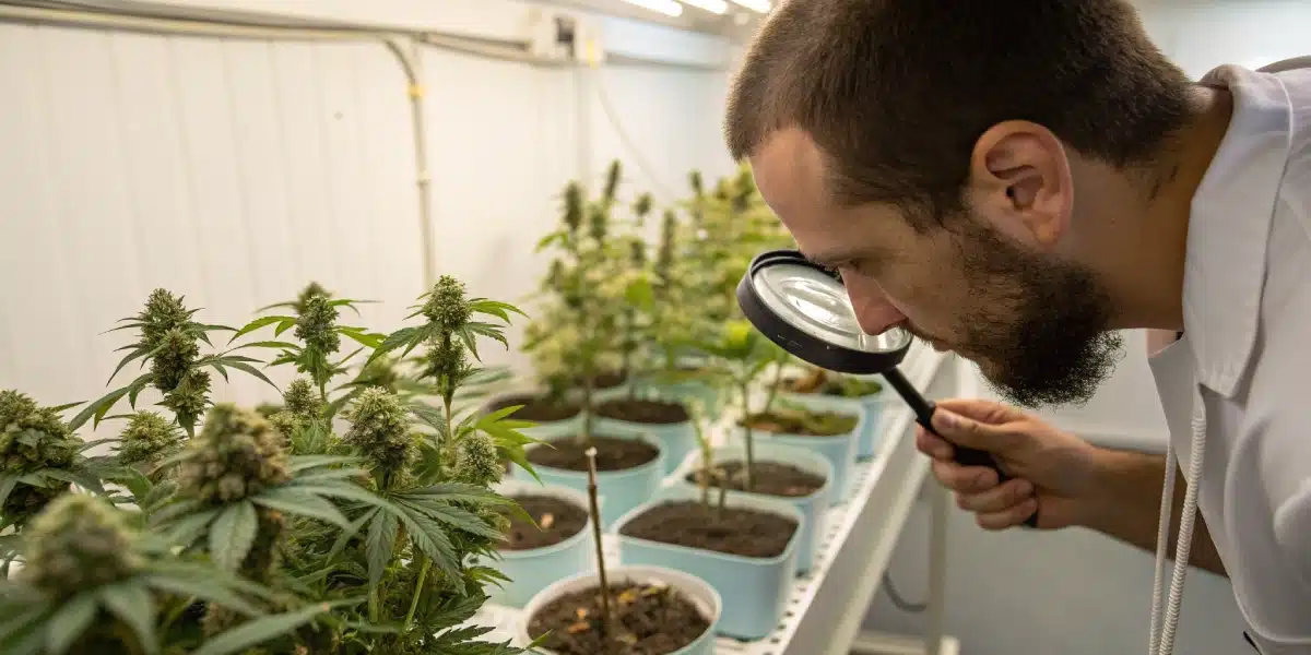 Grower using a magnifying glass to inspect Super Skunk Auto buds.
