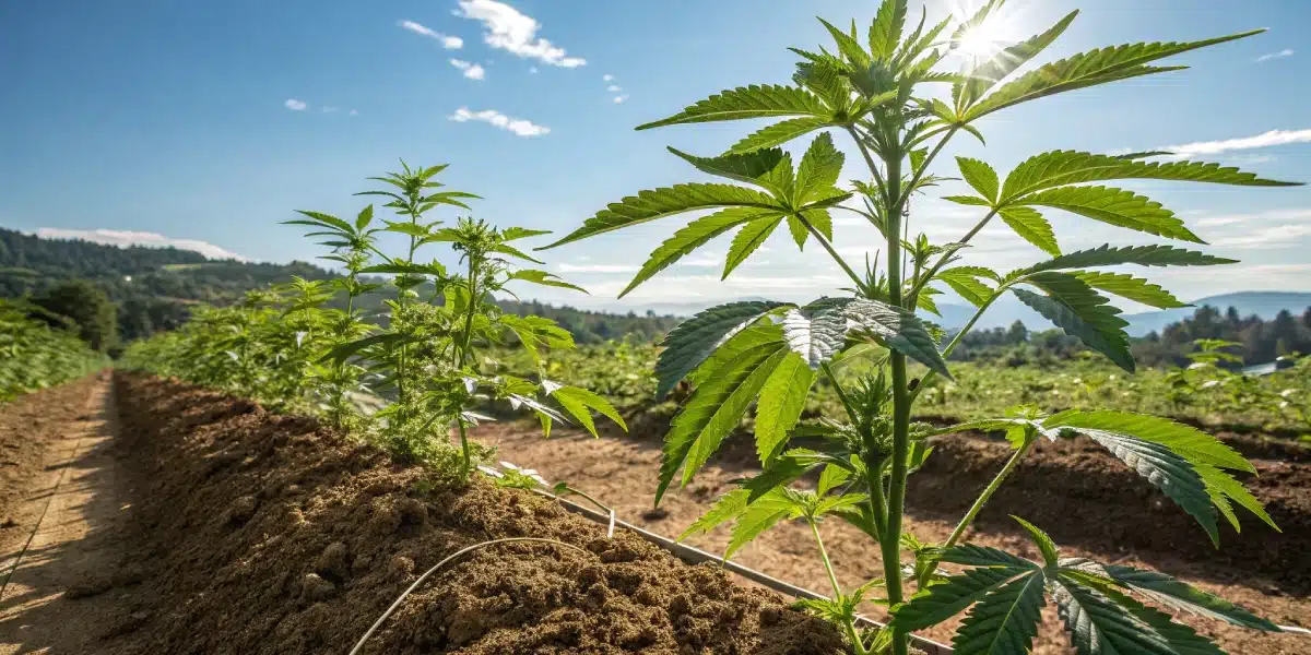 Outdoor cultivation of Super Skunk Auto plants in bright sunlight.