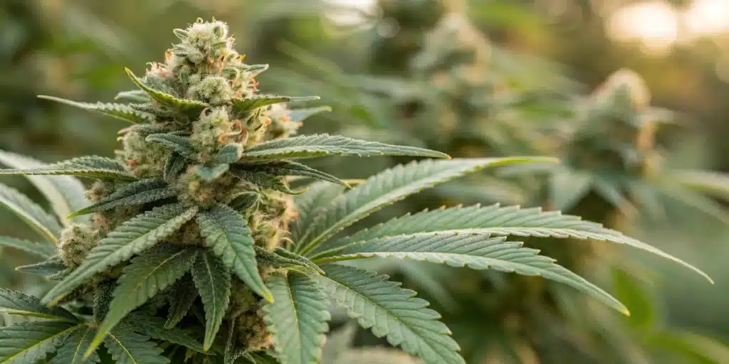 Close-up of flowering Tangie Autoflower buds highlighting detailed trichomes and a resinous finish under soft natural lighting.