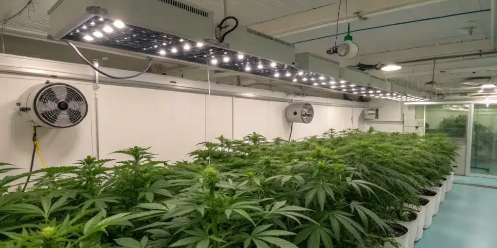 Indoor grow room showcasing vibrant Tangie Autoflower plants under LED lighting with advanced climate control equipment.