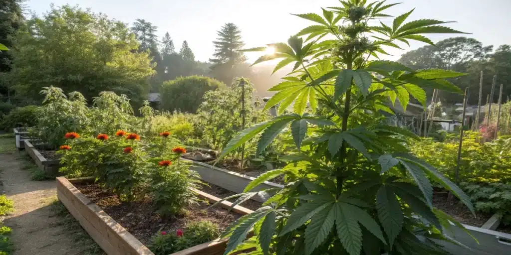 Outdoor garden with thriving Tangie Autoflower plants under natural sunlight, highlighting lush green foliage and a balanced cultivation setting.