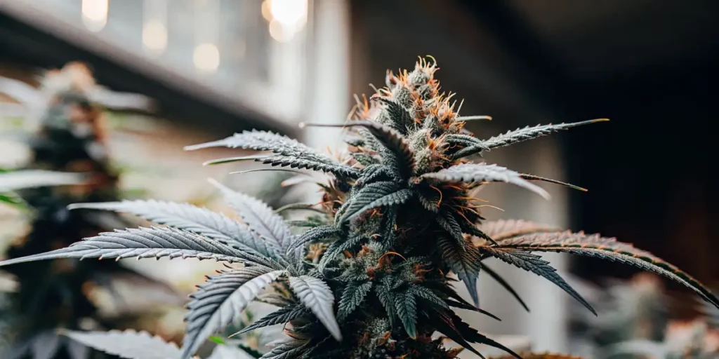 Cannabis plant with purple hues and resin-covered buds.