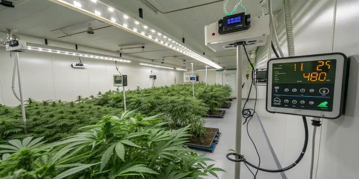 Indoor cannabis grow room with rows of plants, bright lights, and digital control panels.
