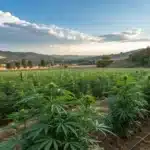 Indoor cannabis grow room with rows of plants, bright lights, and digital control panels.