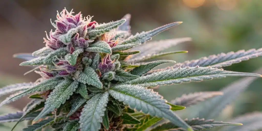 Close-up of a frosty auto-flowering Wedding Cake bud with vibrant greens and purples.