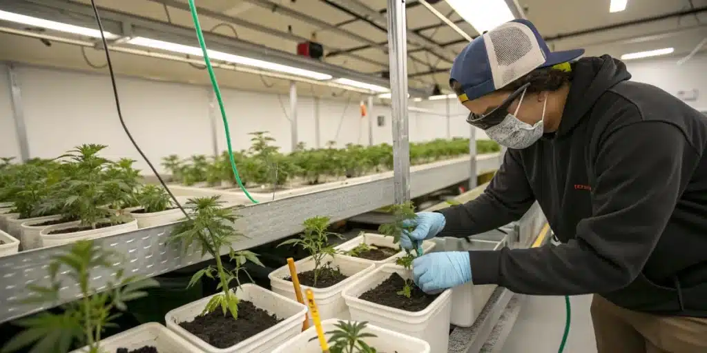 Gardener applying low-stress training to auto-flowering Wedding Cake plants in an indoor grow space.