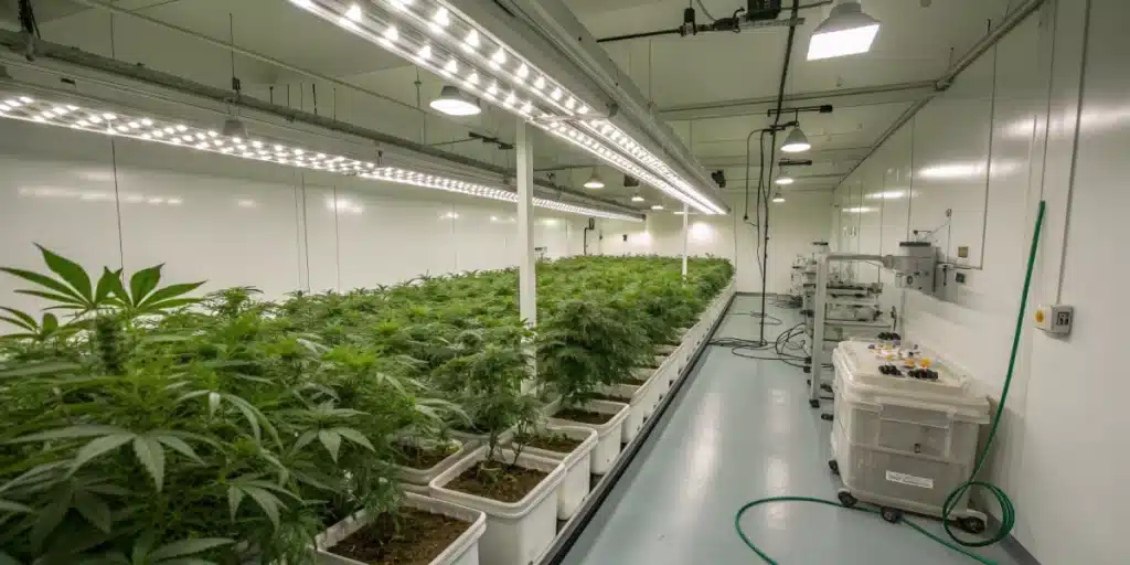 Indoor grow room with auto-flowering Wedding Cake plants illuminated by LED lights.