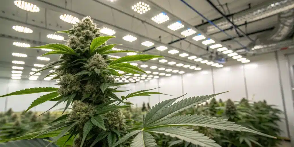 A detailed, high-resolution image of a thriving autoflower White Widow plant inside a modern grow room, showcasing dense, trichome-covered buds under LED lighting with a professional setup that emphasizes controlled temperature and humidity.