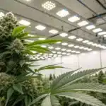 A detailed, high-resolution image of a thriving autoflower White Widow plant inside a modern grow room, showcasing dense, trichome-covered buds under LED lighting with a professional setup that emphasizes controlled temperature and humidity.