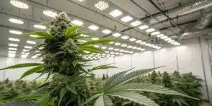 A detailed, high-resolution image of a thriving autoflower White Widow plant inside a modern grow room, showcasing dense, trichome-covered buds under LED lighting with a professional setup that emphasizes controlled temperature and humidity.