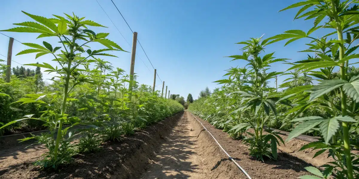 A vibrant, sunlit scene featuring a row of compact autoflower White Widow plants in an organized garden. The image should highlight the natural growth environment with rich, green foliage, organized rows, and clear blue skies, symbolizing ease of cultivation.
