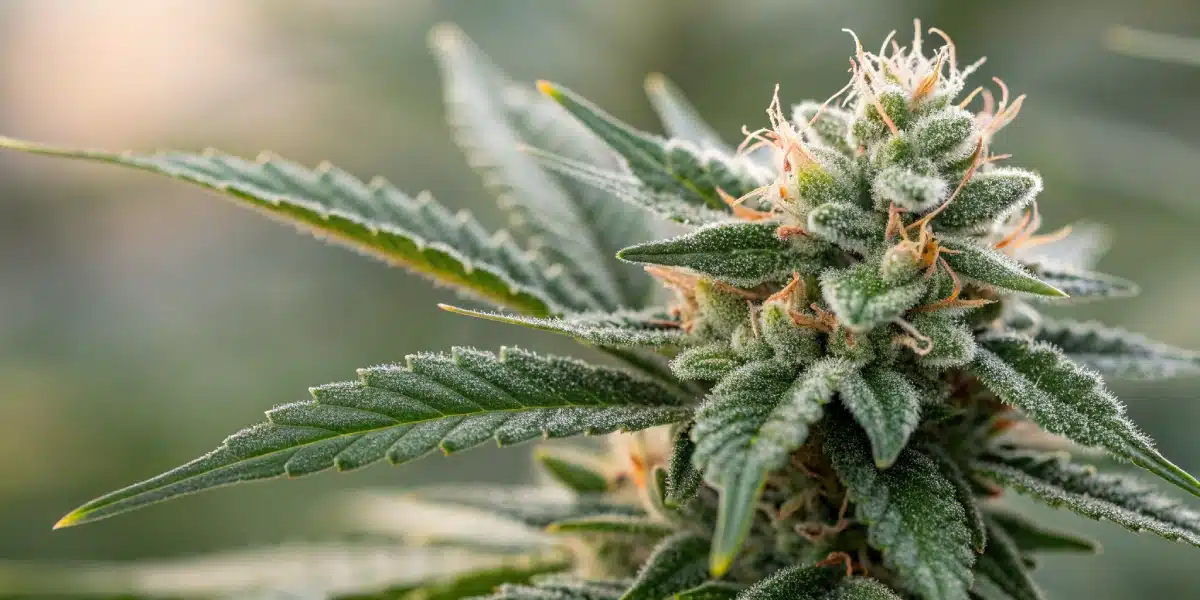 A high-resolution macro shot highlighting the intricate details of an autoflower White Widow bud, with a focus on the glistening trichomes and vibrant pistils. The background should be softly blurred to emphasize the texture and structure of the bud, reflecting the plant's quality and potency.