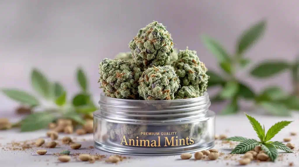 Animal Mints cannabis buds in a transparent jar with seeds and leaves around.