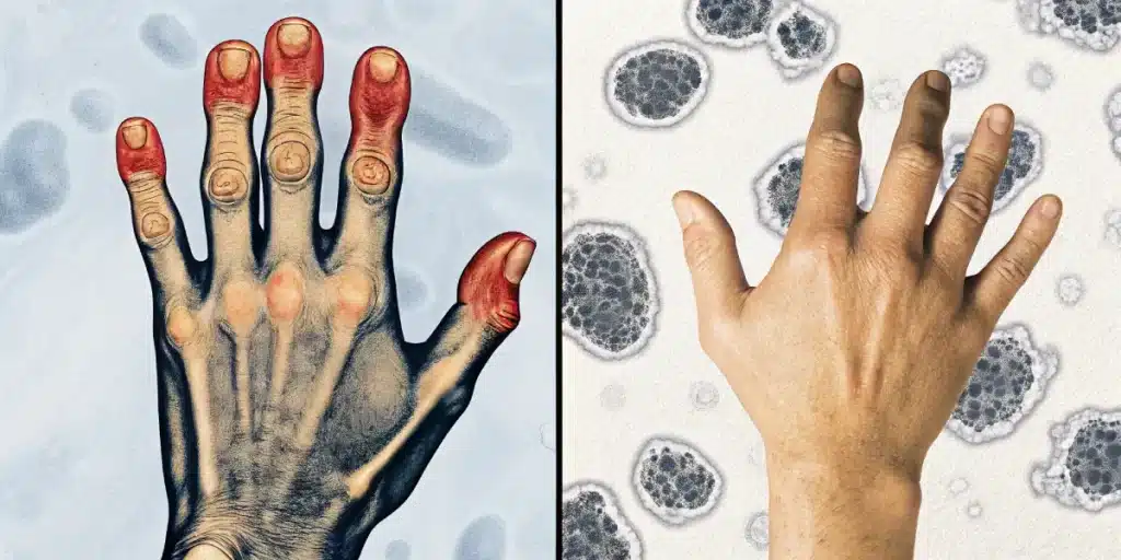 Side-by-side comparison of arthritic and healthy hands highlighting inflammation and pain points