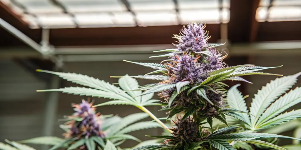 Auto Purple Gorilla cannabis plant in full bloom under indoor grow lights