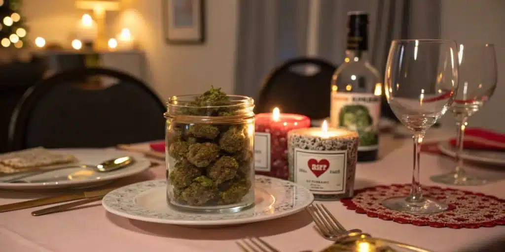 Couple enjoying Mamba Negra cannabis together, creating a relaxing and intimate Valentine's Day ambiance.