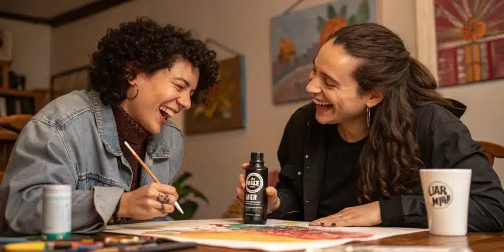 Partners engaging in artistic activities after consuming Cafe Racer strain, highlighting its energetic and uplifting effects.