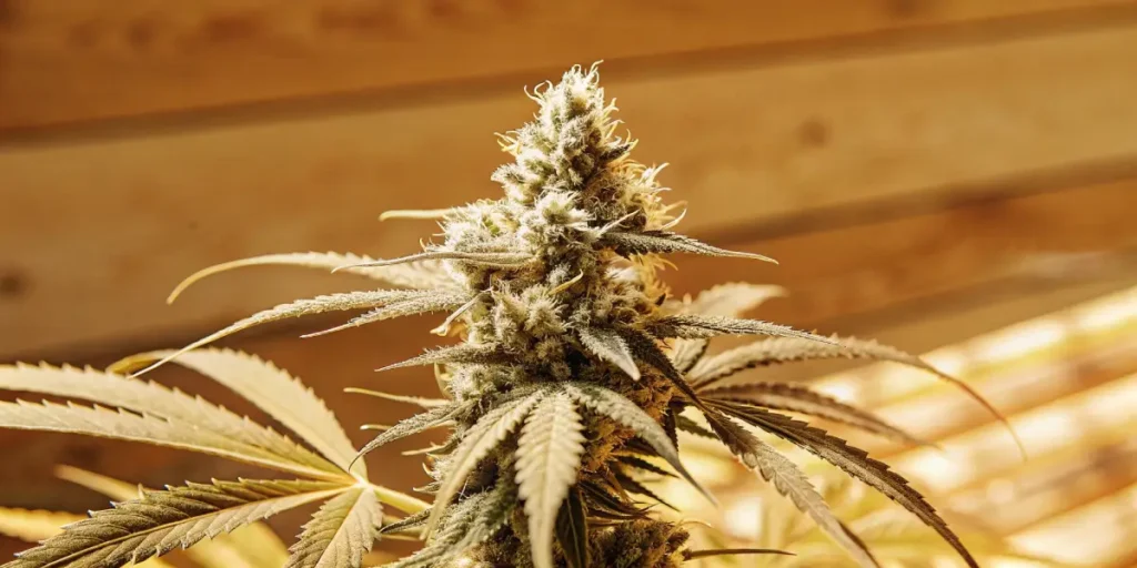 Blackberry Moonrocks Autoflower cannabis bud with amber trichomes under warm lighting