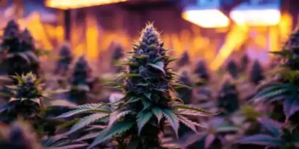 Close-up of a mature Blackberry Moonrocks Autoflower cannabis bud under indoor LED lights.