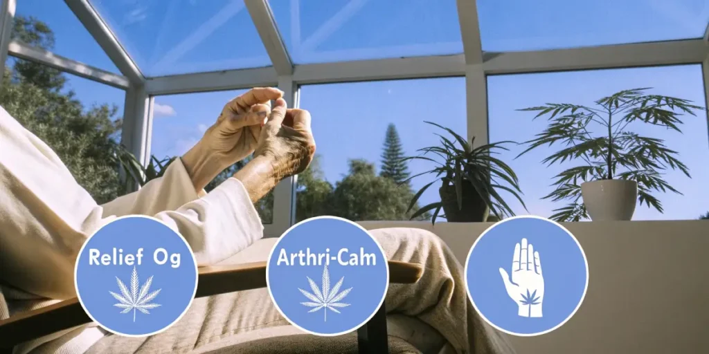 Elderly person relaxing in sunlight with icons for cannabis strains used to ease arthritis pain