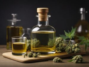 Laboratory technician using a dropper to handle cannabis distillate in a petri dish, with lab equipment visible