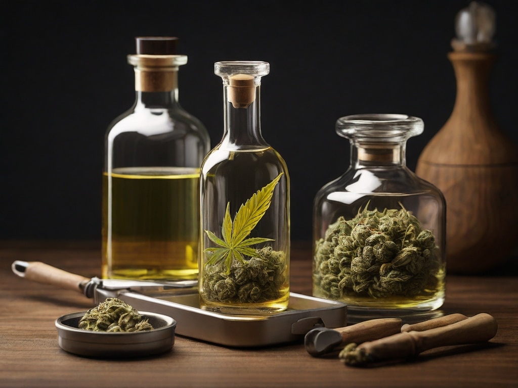 Cannabis distillate in a small jar on a wooden table with cannabis plants in the background