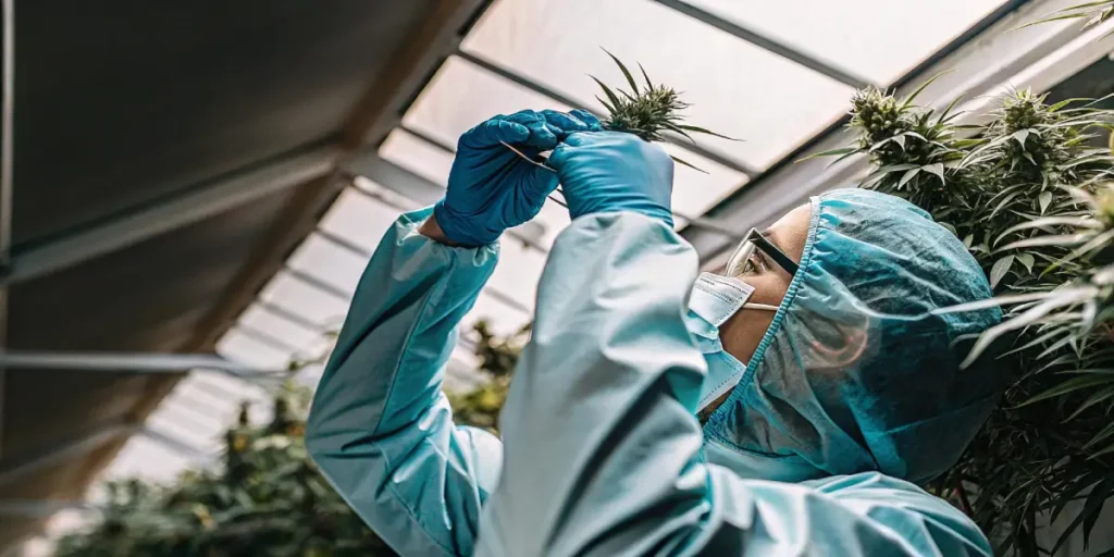 Scientist in lab suit inspecting cannabis flower in a greenhouse with natural light.