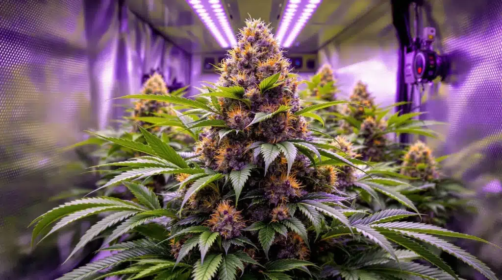 Indoor cannabis plant with vibrant purple buds under LED grow lights in a reflective tent.