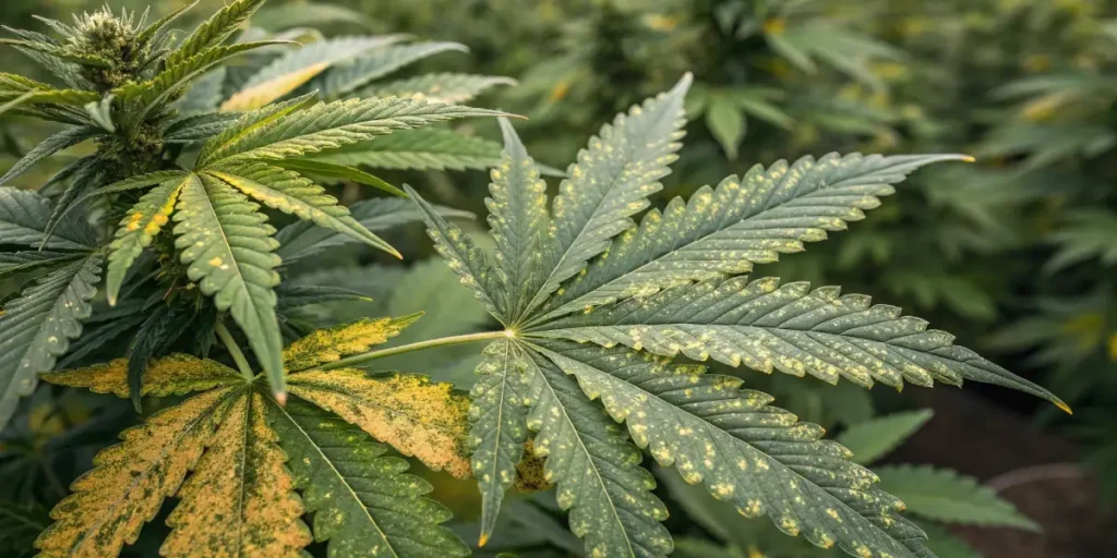 Cannabis leaf with yellowing and spots indicating nutrient deficiency or disease.