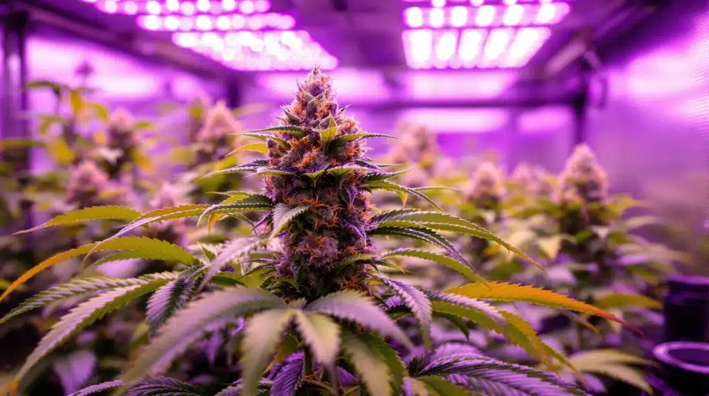 Indoor cannabis plant under LED lights with purple hues and vibrant orange pistils.