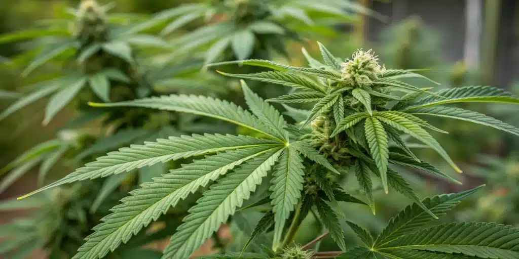 Small cannabis plant with symmetrical green leaves in a black pot.