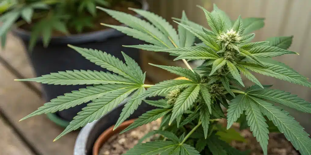 Cannabis plant in a terracotta pot near a window with a blurred green background.