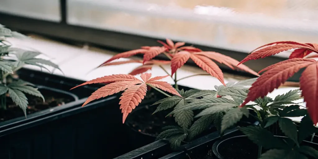 Cannabis plant with striking red leaves growing under natural light.