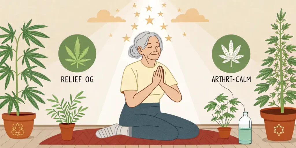 llustration of an elderly woman meditating surrounded by cannabis strains labeled for arthritis relief