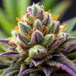 Close-up of a purple cannabis bud with trichomes and orange pistils against a blurred background.