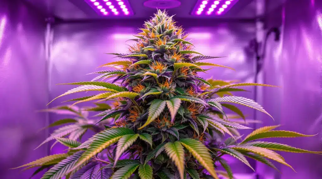 Cannabis plant in full bloom under LED lights with orange pistils and purple hues.