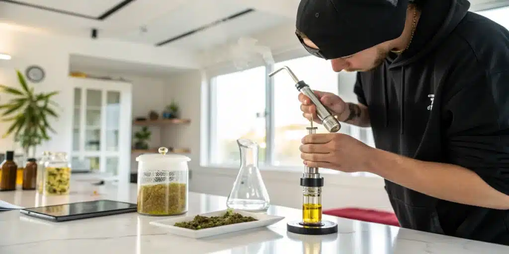 Person in black cap and hoodie preparing a dab rig with cannabis concentrate in a bright kitchen.