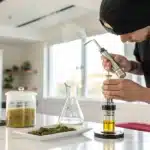 Person in black cap and hoodie preparing a dab rig with cannabis concentrate in a bright kitchen.