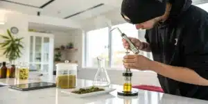 Person in black cap and hoodie preparing a dab rig with cannabis concentrate in a bright kitchen.
