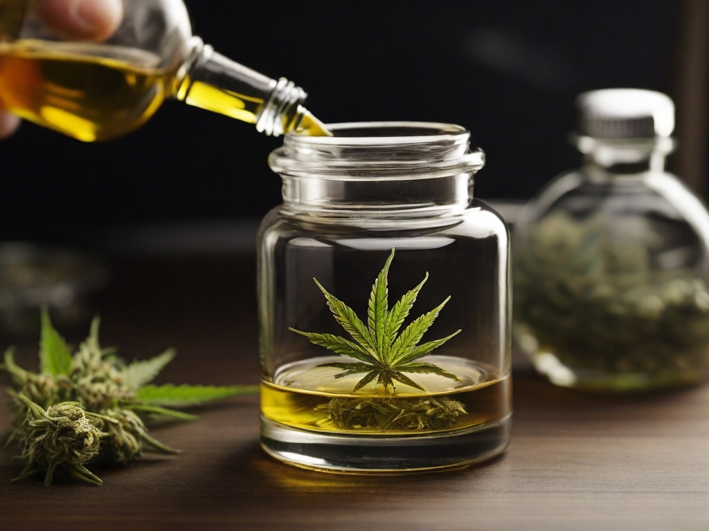 Close-up of cannabis distillate in a clear glass syringe against a blurred background of green cannabis leaves.