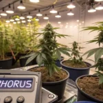 Cannabis plants developing under warm LED lights with phosphorus nutrient system in high-tech room.