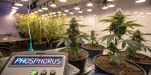 Cannabis plants developing under warm LED lights with phosphorus nutrient system in high-tech room.