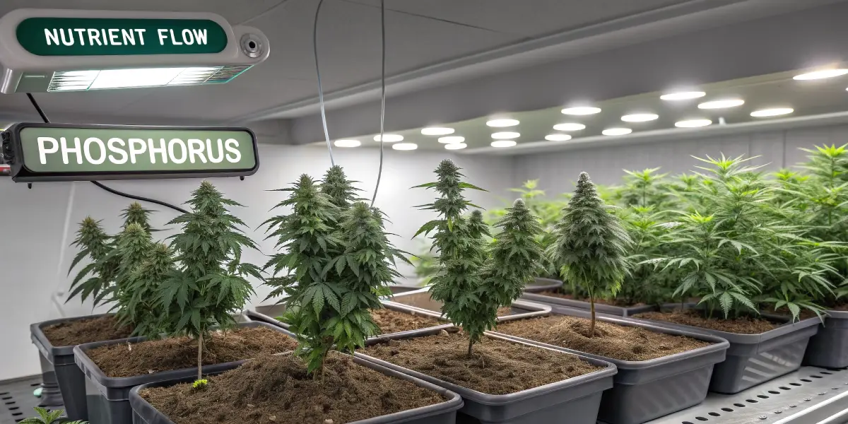 Cannabis plants growing under LED lights with phosphorus nutrient flow system in a white indoor setup.