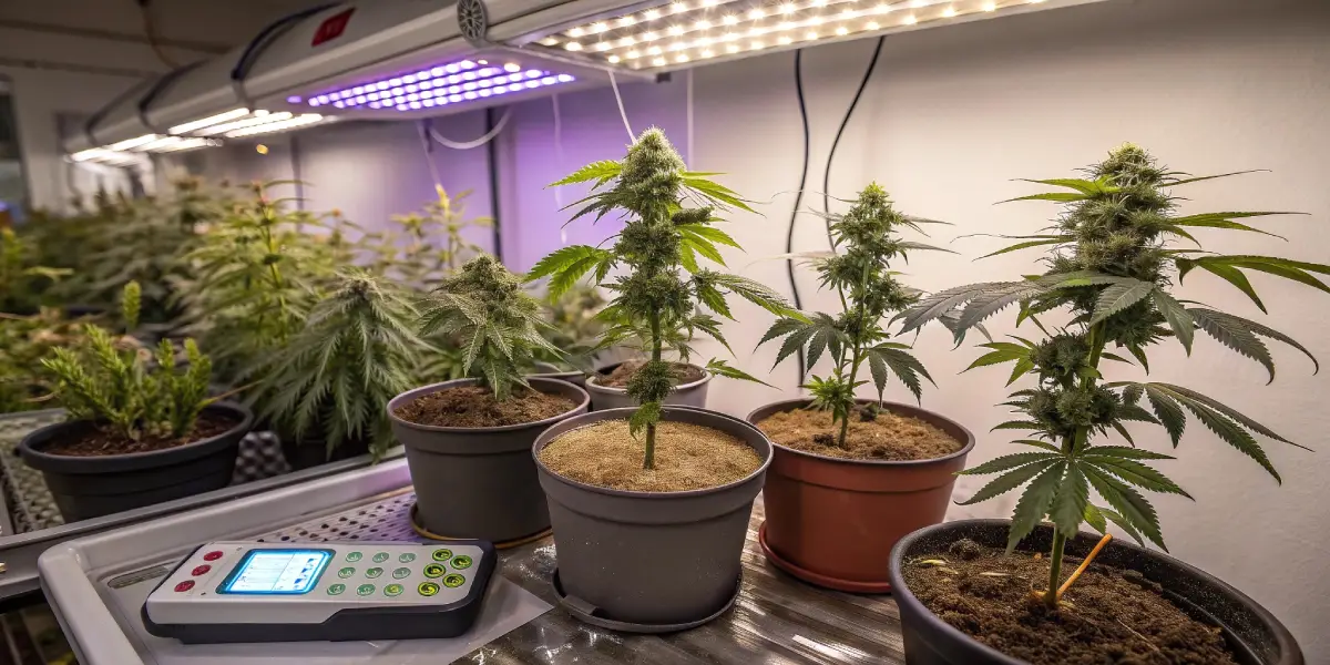 Cannabis plants in pots under purple LED lights with phosphorus-rich nutrient control panel.